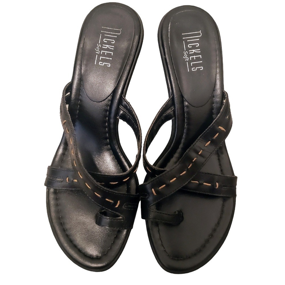 Nickels Black Soft Slip On Stitched Detailing Womens Sandals Size 7.5M‎